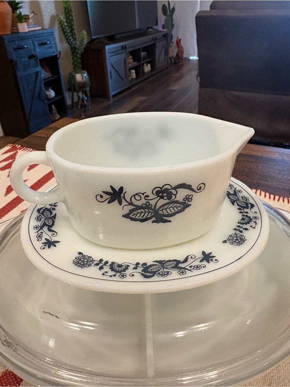 Pyrex White Gravy Boat with Navy Blue Floral Motif